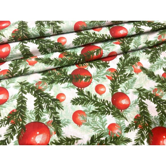 Tkanina bawełniana - Świąteczna bombki i choinka pastelowe