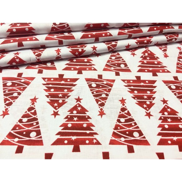 Tkanina bawełniana - Choinki czerwone jodełka na białym