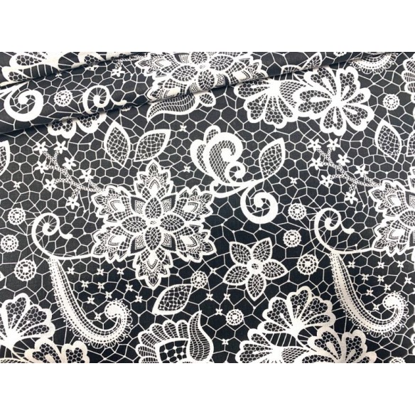 Tkanina bawełniana - Koronka biała na czarnym