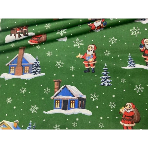 Бавовняна тканина - Зелені різдвяні будиночки та Санта Клаус