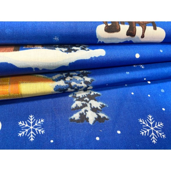 Tkanina bawełniana - Świąteczna domki i mikołaje niebieskie