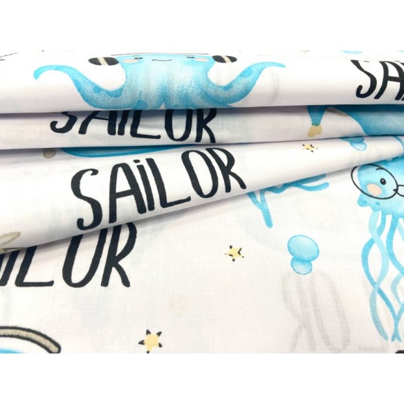 Tkanina bawełniana - Błękitne Meduzy i pływak na białym