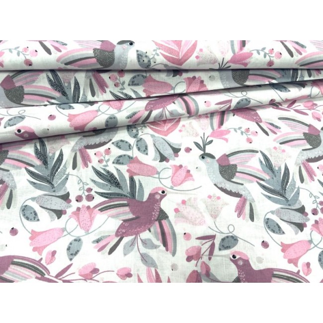 Бавовняна тканина - пастельні рожеві квіти та колібрі