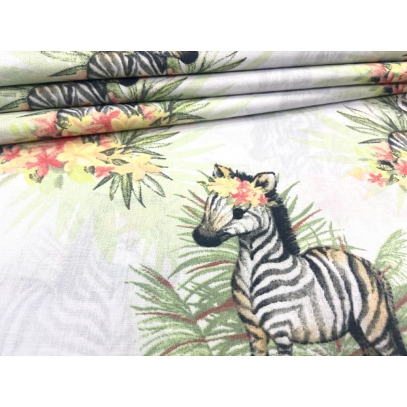 Tkanina bawełniana - Zebry w dżungli na białym