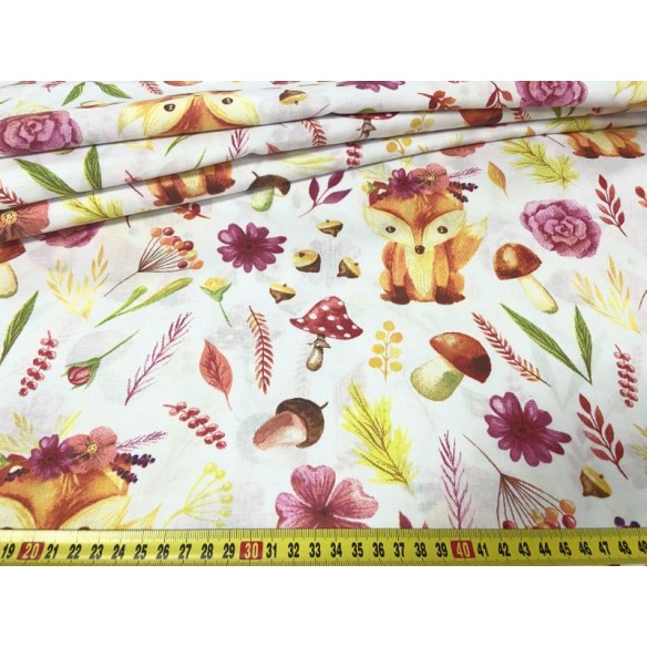 Tkanina bawełniana - Lisy malowane w lesie na białym