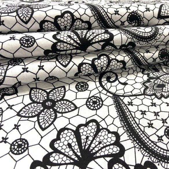 Бавовняна тканина - Чорне мереживо на білому