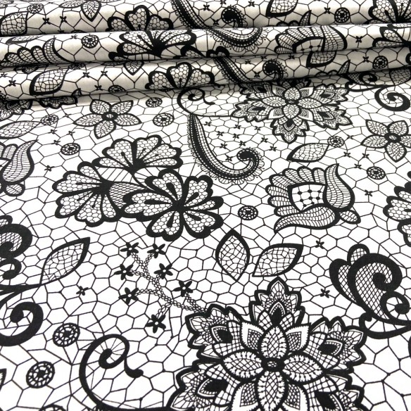 Бавовняна тканина - Чорне мереживо на білому