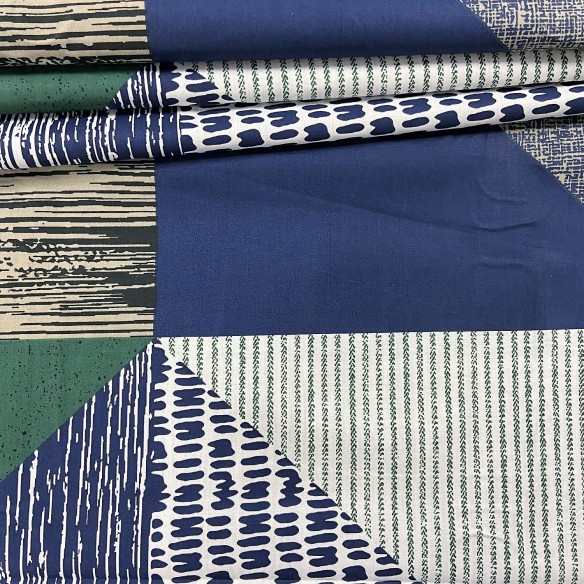 Tkanina bawełniana - Trójkąty patchwork zielono niebieskie
