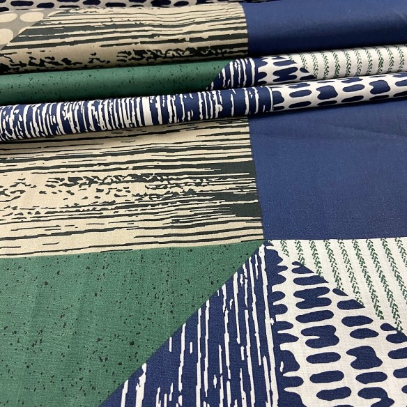 Tkanina bawełniana - Trójkąty patchwork zielono niebieskie