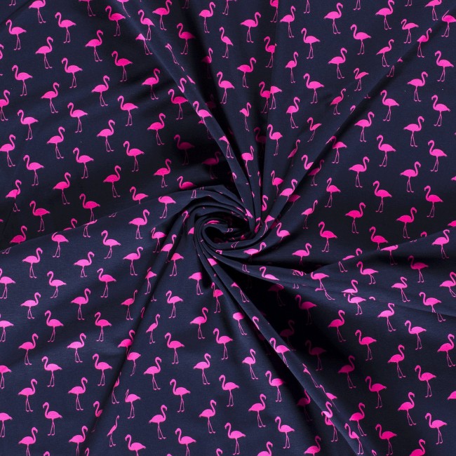 Single Jersey drukowany - Flamingi neon na granacie