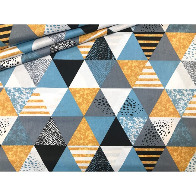 Tkanina bawełniana - Trójkąty niebieskie szare i żółte