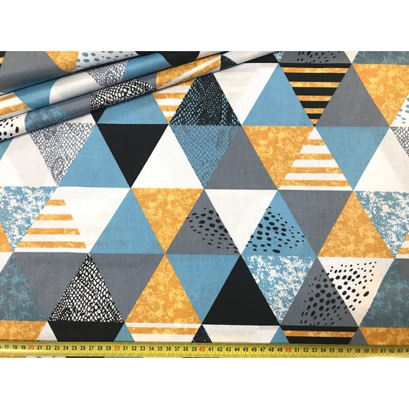 Tkanina bawełniana - Trójkąty niebieskie szare i żółte