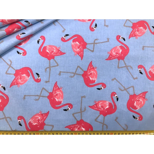 Tkanina bawełniana - Flamingi na niebieskim