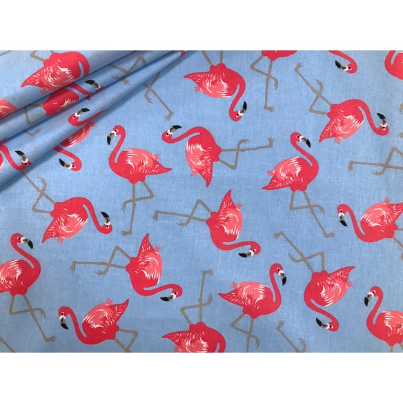 Tkanina bawełniana - Flamingi na niebieskim