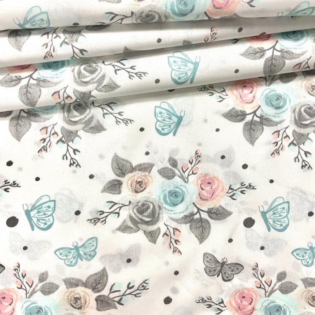 Tkanina Bawełniana - Róże kolorowe i motyle na białym