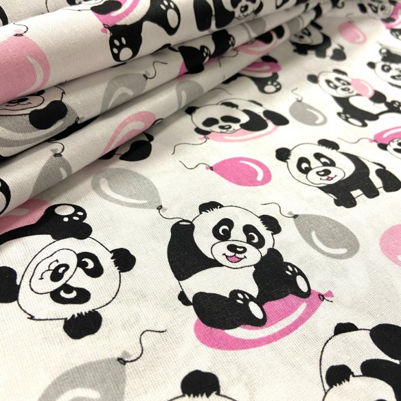 Tkanina bawełniana - Pandy z balonem szaro różowym