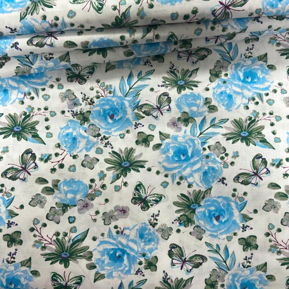 Бавовняна тканина - Квіти, троянди, метелики, міні блакитний