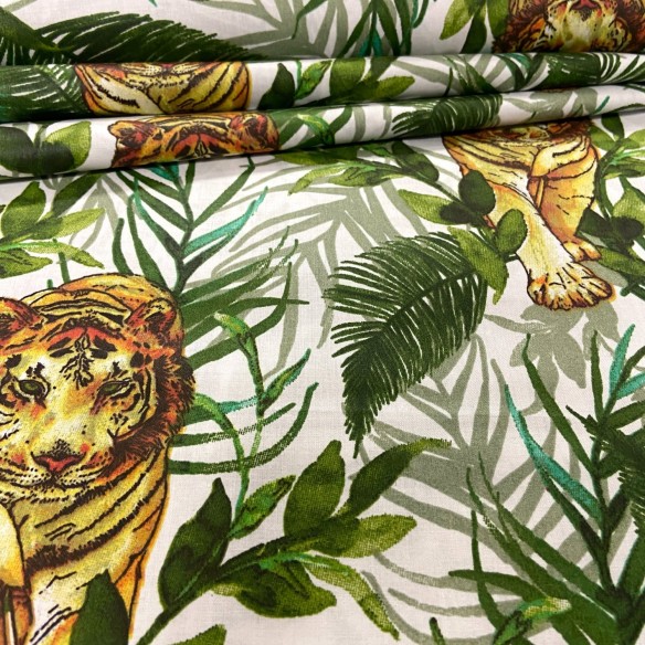 Бавовняна тканина - тигри і листя на білому