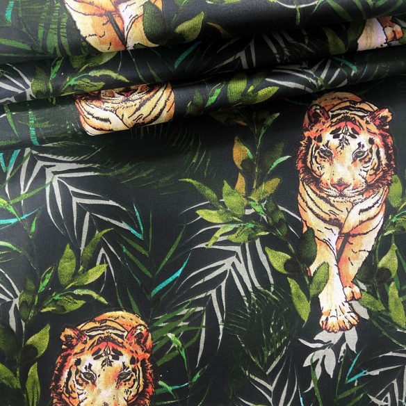 Tkanina bawełniana - Tygrysy i liście na czarnym