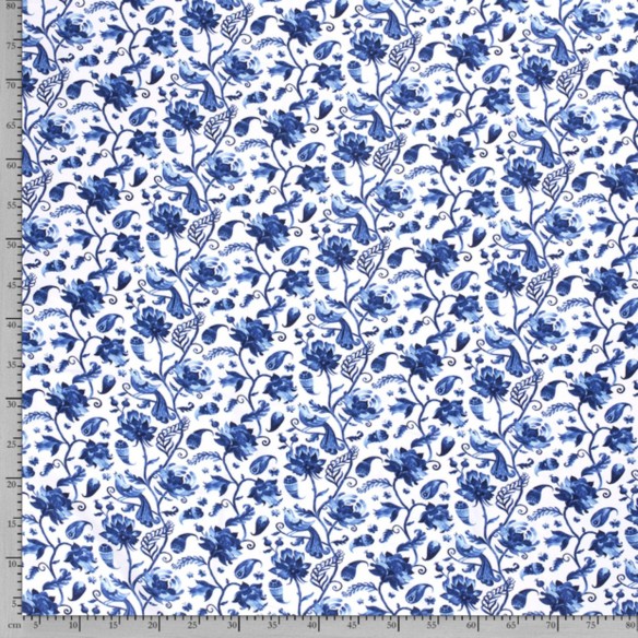 Single Jersey drukowany - Niebieskie mini róże na białym