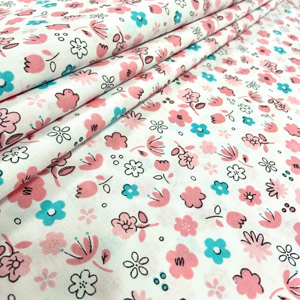 Бавовняна тканина - дрібні рожеві та бірюзові квіти