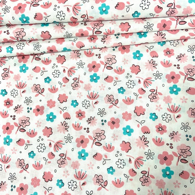 Бавовняна тканина - дрібні рожеві та бірюзові квіти
